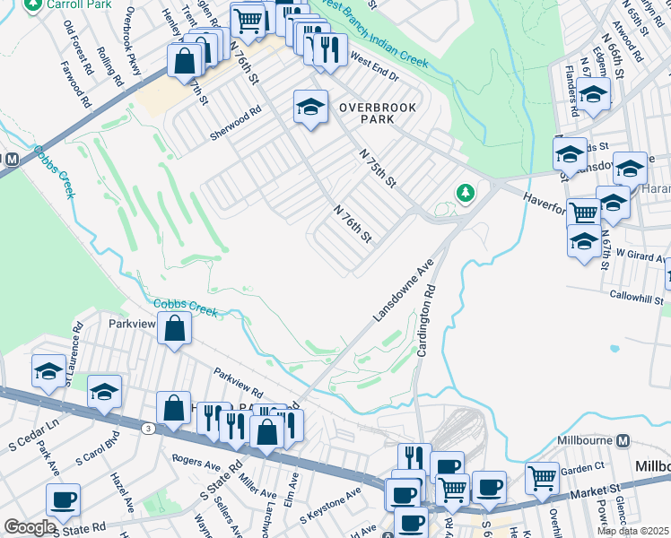 map of restaurants, bars, coffee shops, grocery stores, and more near 1318 Farrington Road in Philadelphia