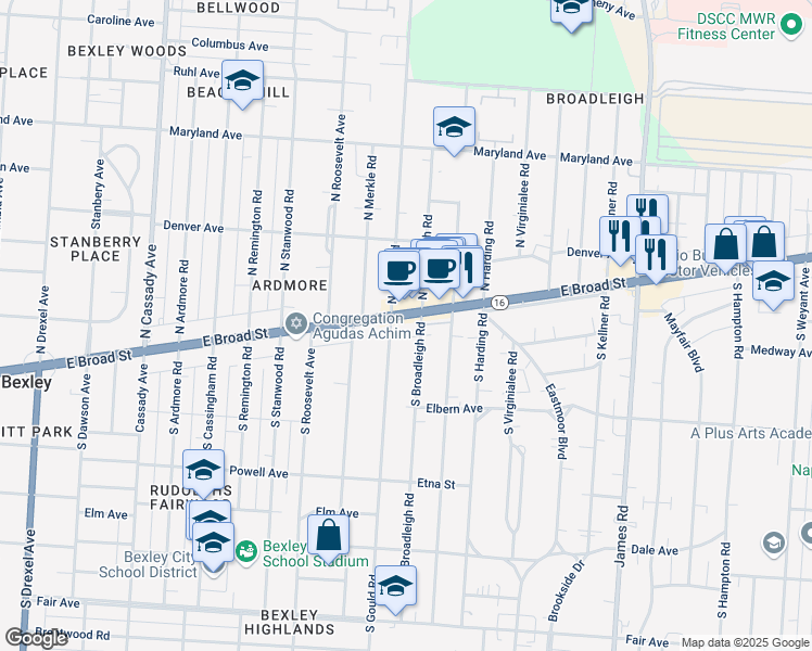 map of restaurants, bars, coffee shops, grocery stores, and more near 2929 East Broad Street in Columbus