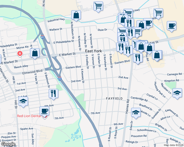 map of restaurants, bars, coffee shops, grocery stores, and more near 160 South Vernon Street in York