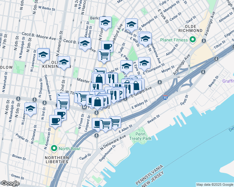 map of restaurants, bars, coffee shops, grocery stores, and more near 1226 East Oxford Street in Philadelphia