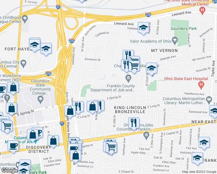 map of restaurants, bars, coffee shops, grocery stores, and more near 268 North 17th Street in Columbus