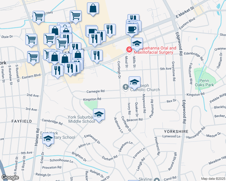 map of restaurants, bars, coffee shops, grocery stores, and more near 2783 Carnegie Road in East York