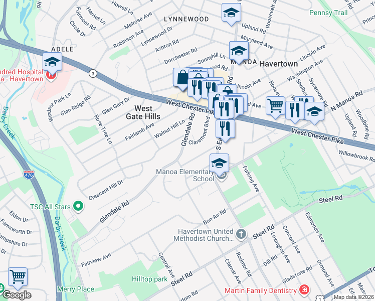 map of restaurants, bars, coffee shops, grocery stores, and more near 146 Wyndmoor Road in Havertown