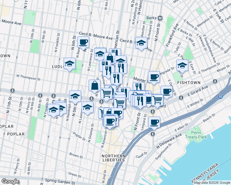 map of restaurants, bars, coffee shops, grocery stores, and more near 1220 North 2nd Street in Philadelphia