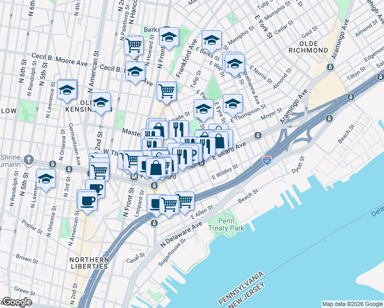 map of restaurants, bars, coffee shops, grocery stores, and more near 1223 East Oxford Street in Philadelphia