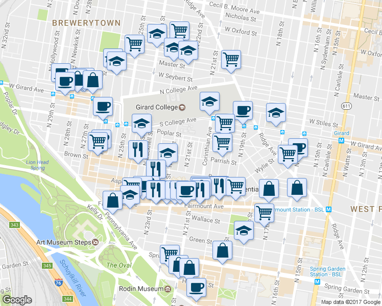 map of restaurants, bars, coffee shops, grocery stores, and more near 853 North 21st Street in Philadelphia