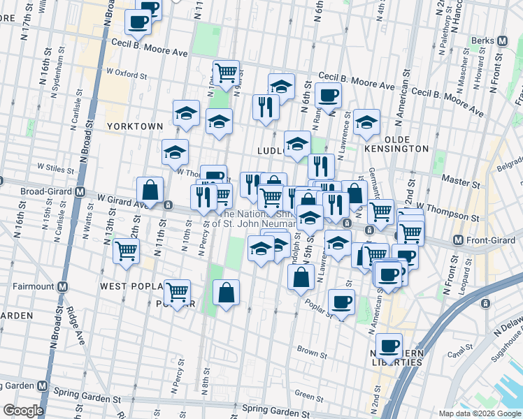 map of restaurants, bars, coffee shops, grocery stores, and more near None in Philadelphia