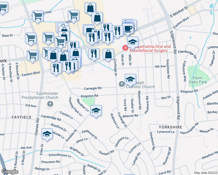 map of restaurants, bars, coffee shops, grocery stores, and more near 2777 Carnegie Road in York