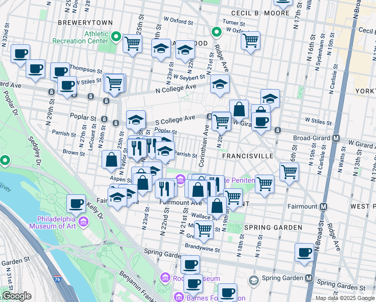 map of restaurants, bars, coffee shops, grocery stores, and more near 853 North 21st Street in Philadelphia