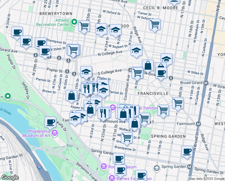 map of restaurants, bars, coffee shops, grocery stores, and more near 849 North Beechwood Street in Philadelphia