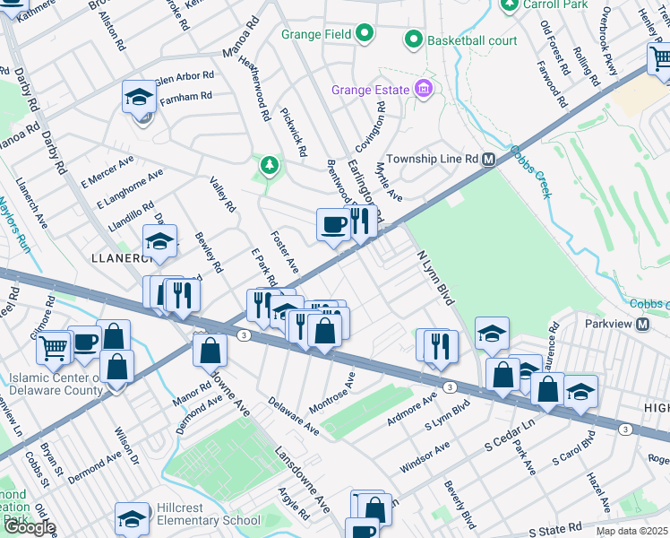 map of restaurants, bars, coffee shops, grocery stores, and more near 235 East Township Line Road in Upper Darby