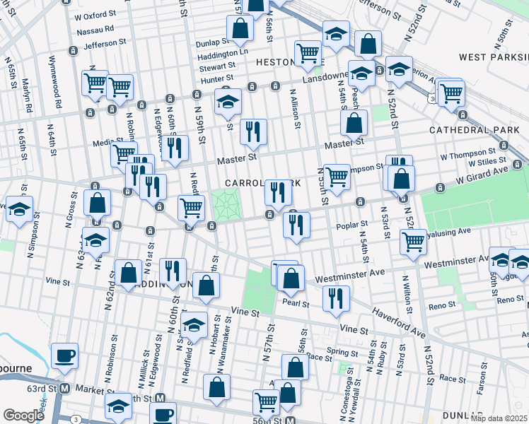 map of restaurants, bars, coffee shops, grocery stores, and more near 5631 West Girard Avenue in Philadelphia