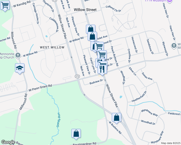 map of restaurants, bars, coffee shops, grocery stores, and more near 347 Pleasant View Drive in Willow Street