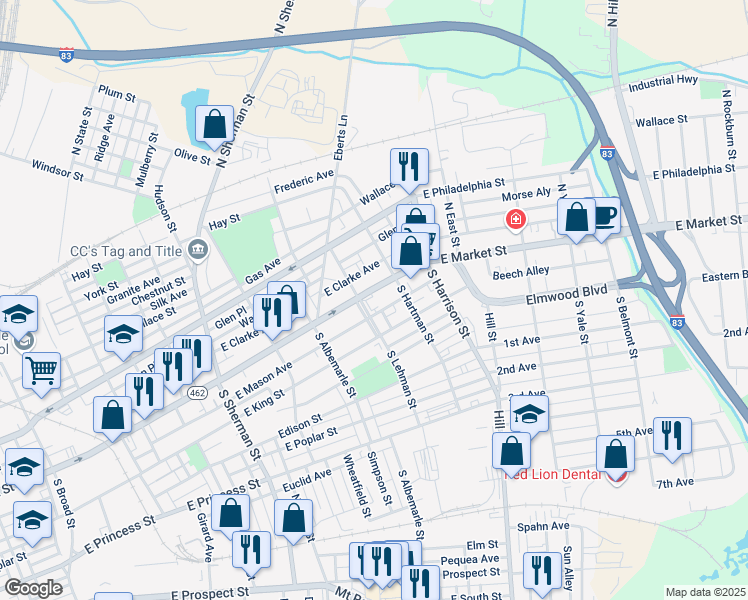 map of restaurants, bars, coffee shops, grocery stores, and more near 1100 East Market Street in York