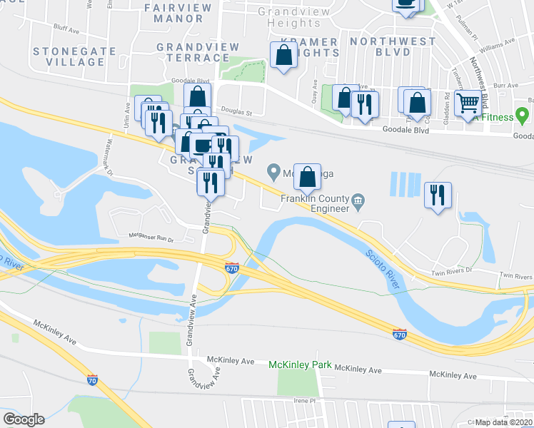 map of restaurants, bars, coffee shops, grocery stores, and more near 1035 Ridge Street in Columbus