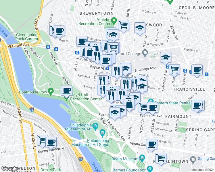 map of restaurants, bars, coffee shops, grocery stores, and more near 802 North Bambrey Street in Philadelphia
