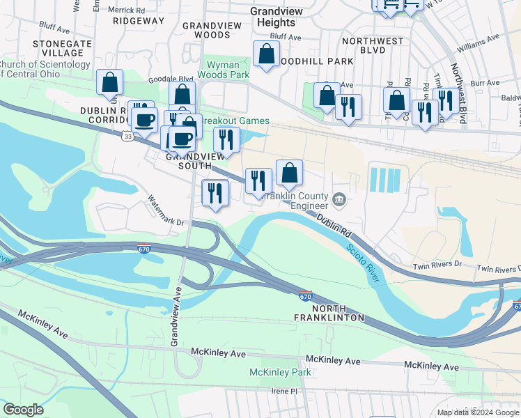 map of restaurants, bars, coffee shops, grocery stores, and more near 1029A Ridge Street in Columbus
