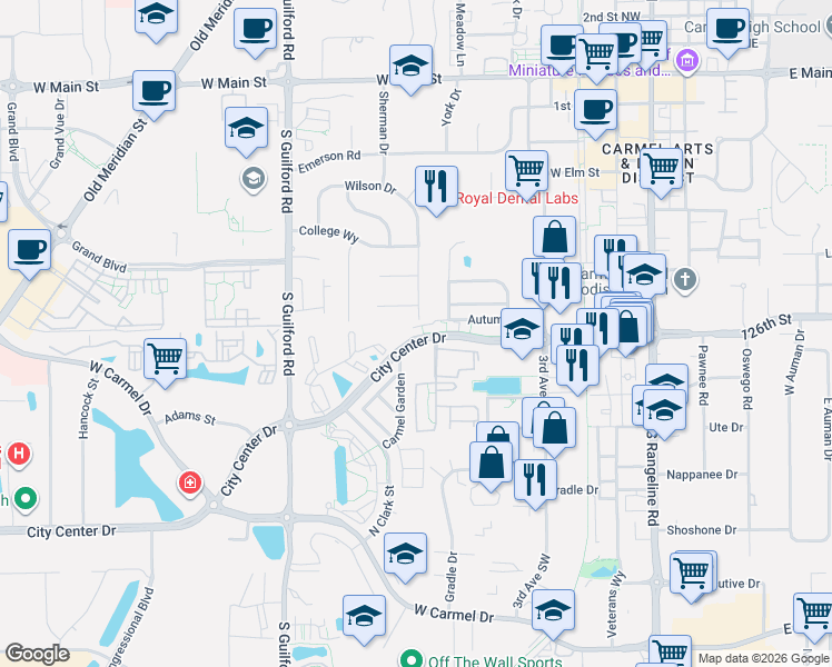 map of restaurants, bars, coffee shops, grocery stores, and more near 459 City Center Drive in Carmel