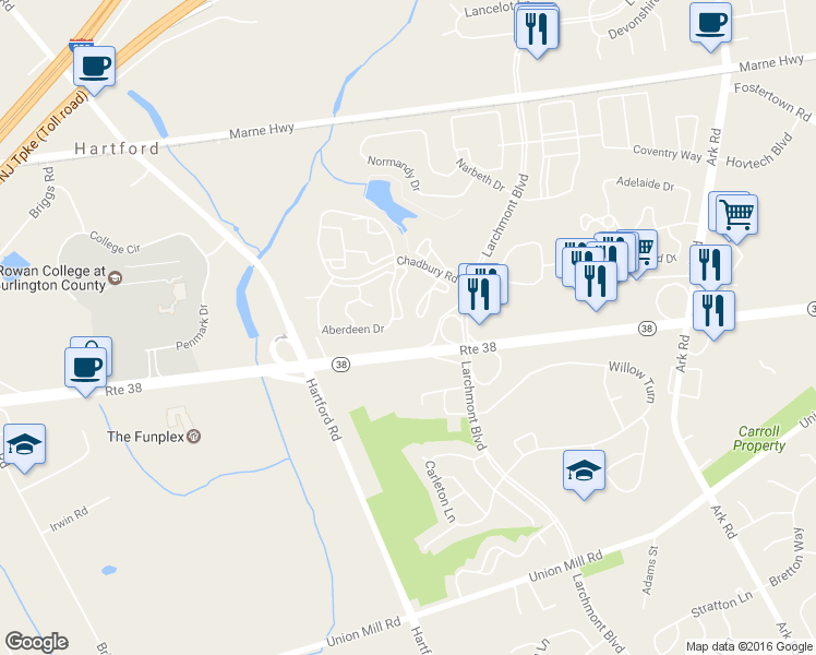 map of restaurants, bars, coffee shops, grocery stores, and more near B5504 Aberdeen Drive in Mount Laurel Township