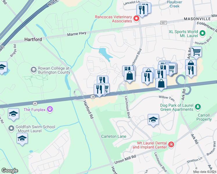 map of restaurants, bars, coffee shops, grocery stores, and more near B5504 Aberdeen Drive in Mount Laurel Township