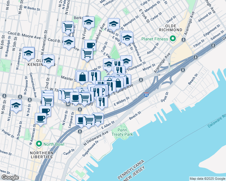 map of restaurants, bars, coffee shops, grocery stores, and more near 401 East Girard Avenue in Philadelphia