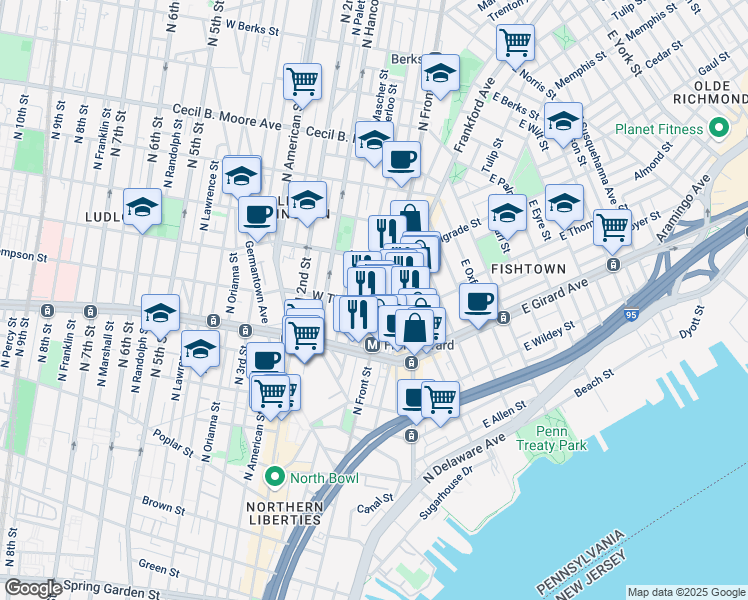 map of restaurants, bars, coffee shops, grocery stores, and more near 1257 North Howard Street in Philadelphia