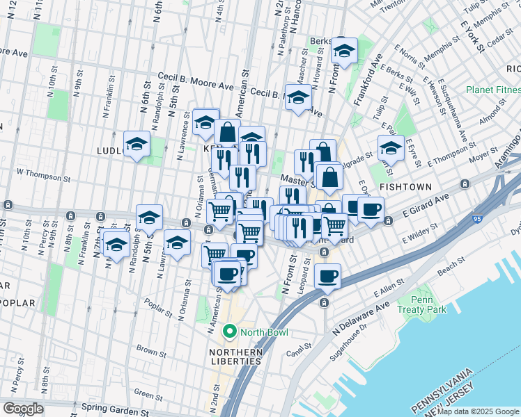 map of restaurants, bars, coffee shops, grocery stores, and more near 1247 North Hancock Street in Philadelphia