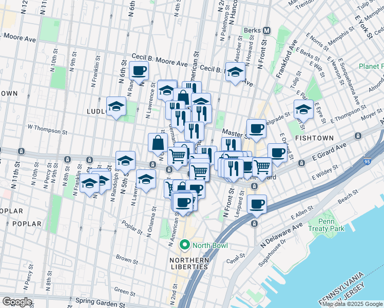 map of restaurants, bars, coffee shops, grocery stores, and more near 1220 North 2nd Street in Philadelphia