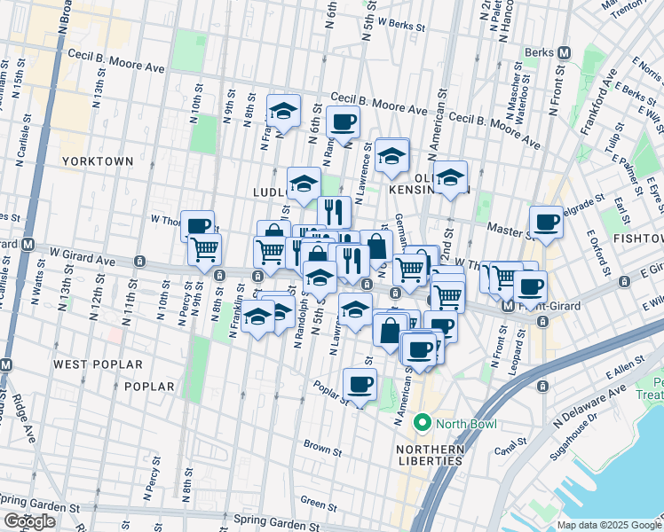 map of restaurants, bars, coffee shops, grocery stores, and more near 1215 North 5th Street in Philadelphia
