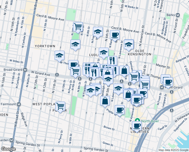 map of restaurants, bars, coffee shops, grocery stores, and more near in Philadelphia