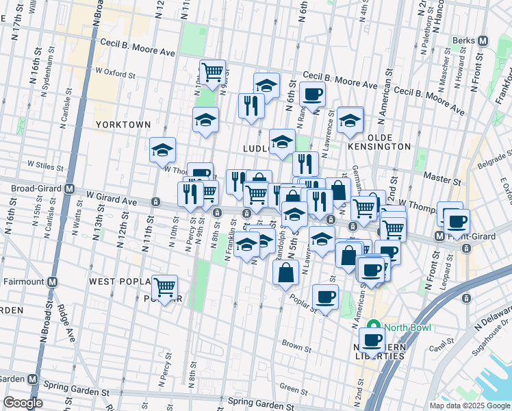 map of restaurants, bars, coffee shops, grocery stores, and more near in Philadelphia