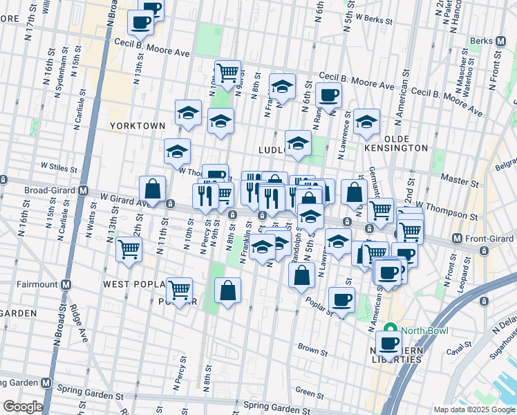 map of restaurants, bars, coffee shops, grocery stores, and more near in Philadelphia