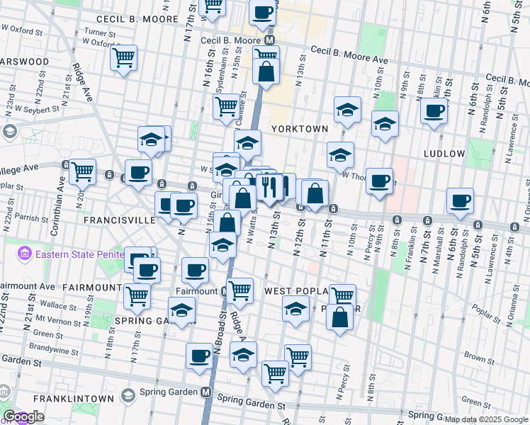 map of restaurants, bars, coffee shops, grocery stores, and more near 928 North 13th Street in Philadelphia