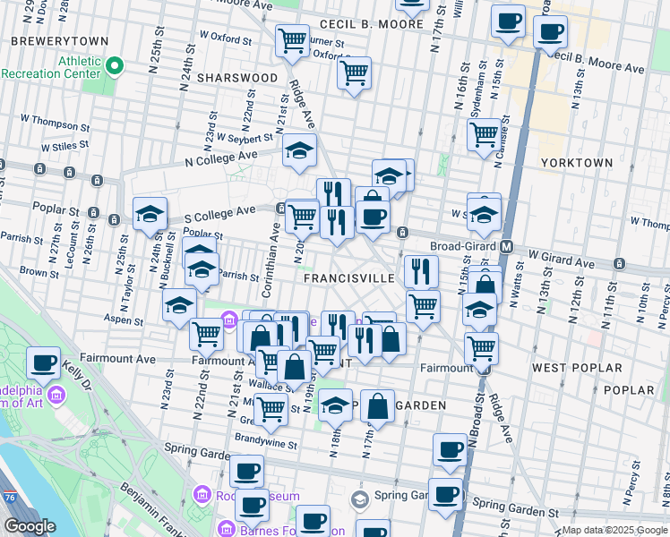 map of restaurants, bars, coffee shops, grocery stores, and more near 860 North 19th Street in Philadelphia
