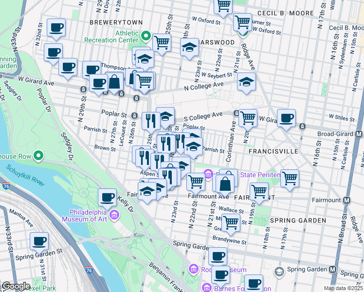 map of restaurants, bars, coffee shops, grocery stores, and more near 2306 Parrish Street in Philadelphia