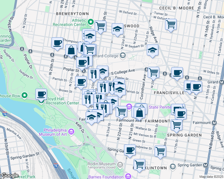 map of restaurants, bars, coffee shops, grocery stores, and more near 822 North Judson Street in Philadelphia