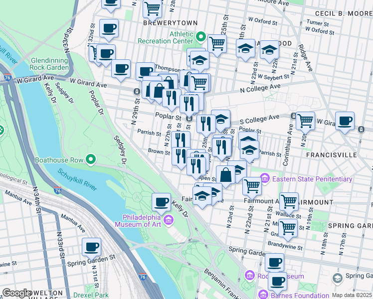 map of restaurants, bars, coffee shops, grocery stores, and more near 2611 Brown Street in Philadelphia
