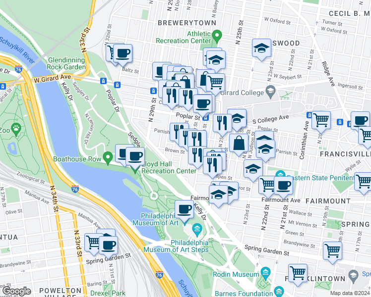 map of restaurants, bars, coffee shops, grocery stores, and more near 2704 Brown Street in Philadelphia