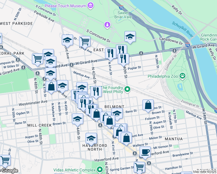 map of restaurants, bars, coffee shops, grocery stores, and more near 4137 Westminster Avenue in Philadelphia