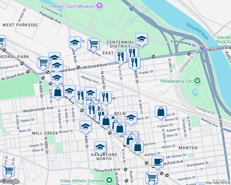 map of restaurants, bars, coffee shops, grocery stores, and more near 4137 Westminster Avenue in Philadelphia