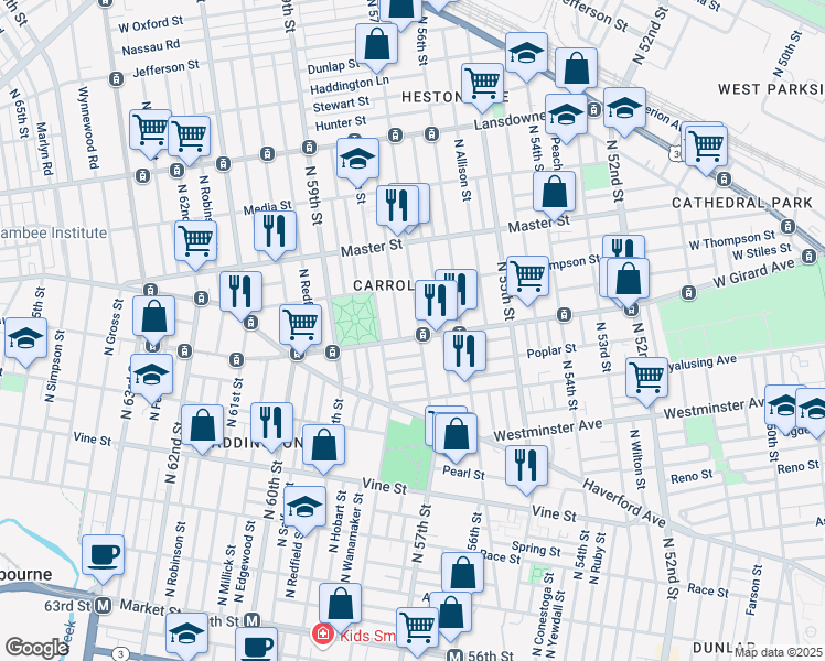 map of restaurants, bars, coffee shops, grocery stores, and more near 5631 West Girard Avenue in Philadelphia