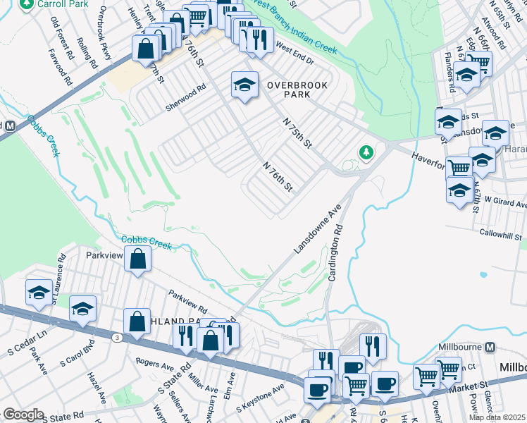 map of restaurants, bars, coffee shops, grocery stores, and more near 1320 Farrington Road in Philadelphia