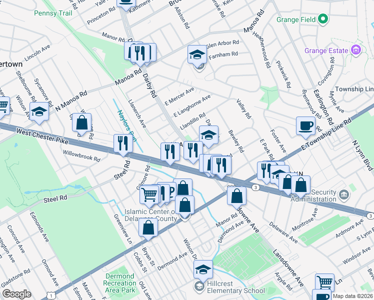 map of restaurants, bars, coffee shops, grocery stores, and more near 2 West Park Road in Havertown