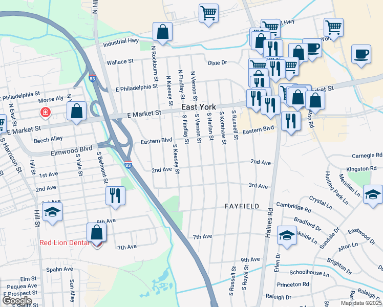 map of restaurants, bars, coffee shops, grocery stores, and more near 119 South Findlay Street in East York