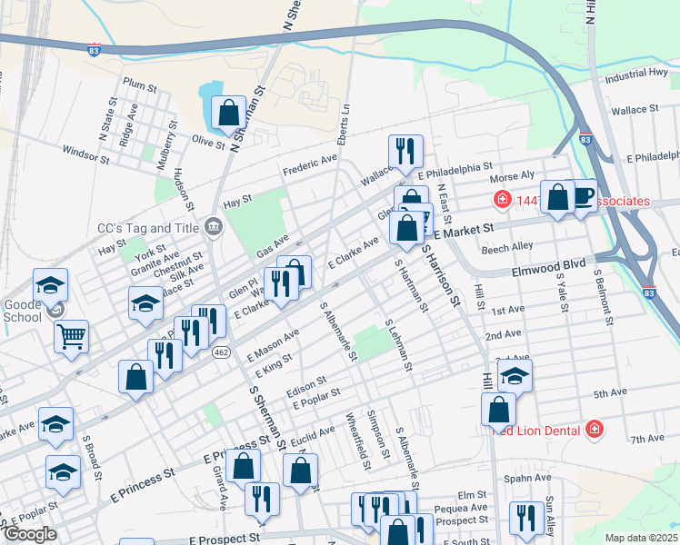 map of restaurants, bars, coffee shops, grocery stores, and more near 1033 East Market Street in York