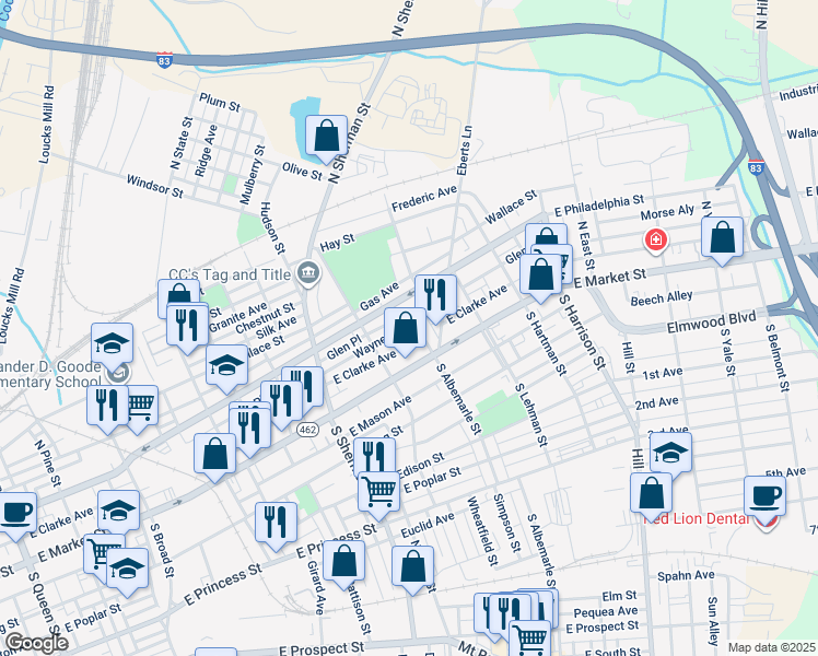 map of restaurants, bars, coffee shops, grocery stores, and more near 24 North Albemarle Street in York