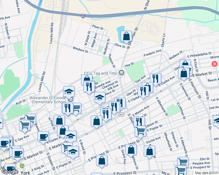 map of restaurants, bars, coffee shops, grocery stores, and more near 723 Wallace Street in York