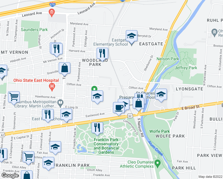 map of restaurants, bars, coffee shops, grocery stores, and more near 1769 Clifton Avenue in Columbus