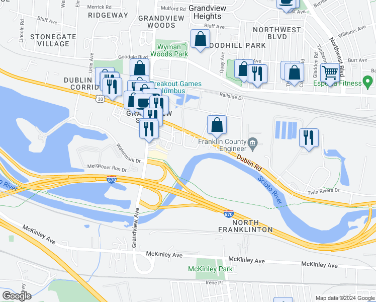 map of restaurants, bars, coffee shops, grocery stores, and more near 1035 Ridge Street in Columbus