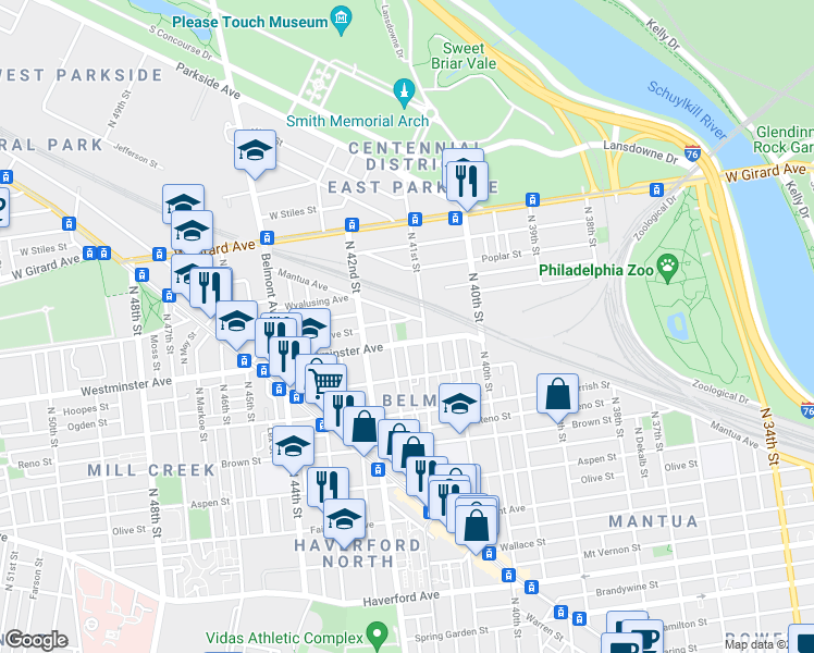 map of restaurants, bars, coffee shops, grocery stores, and more near 4120 Pennsgrove Street in Philadelphia
